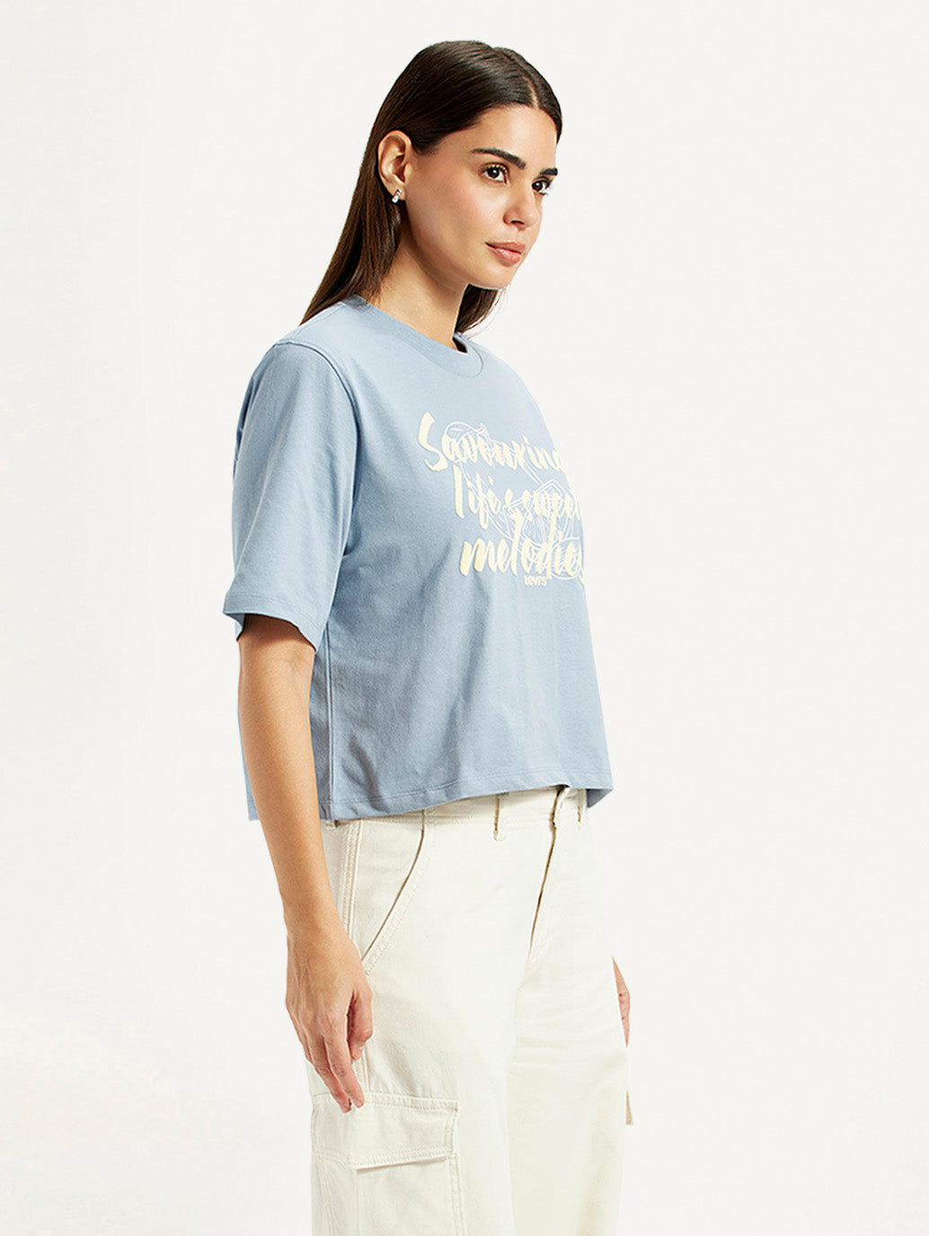 Women's Typographic Print Light Blue Relaxed Fit T-shirt - Side View