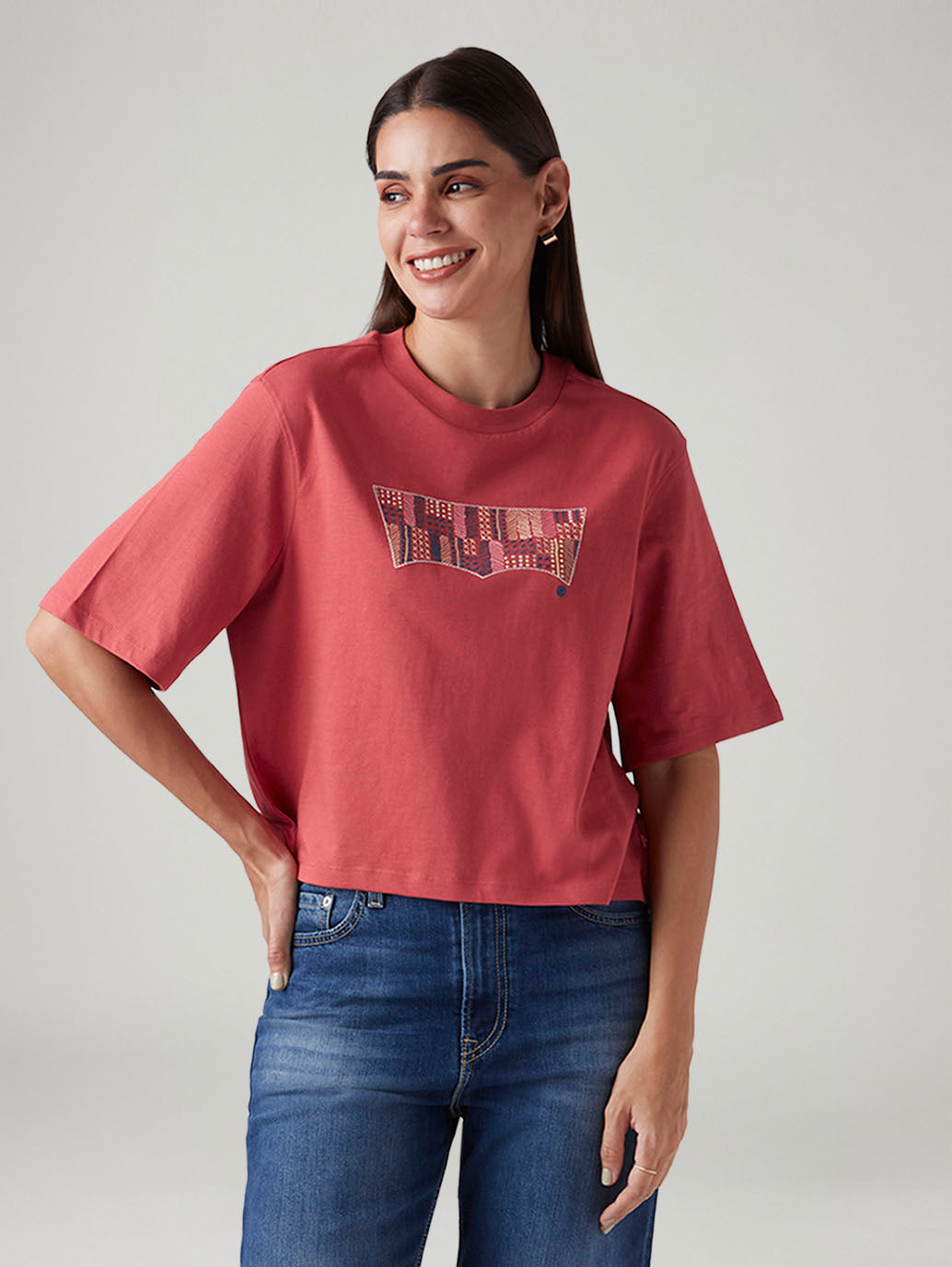 Women's Rust Relaxed Fit Embroidery T-Shirt - Styleshot View