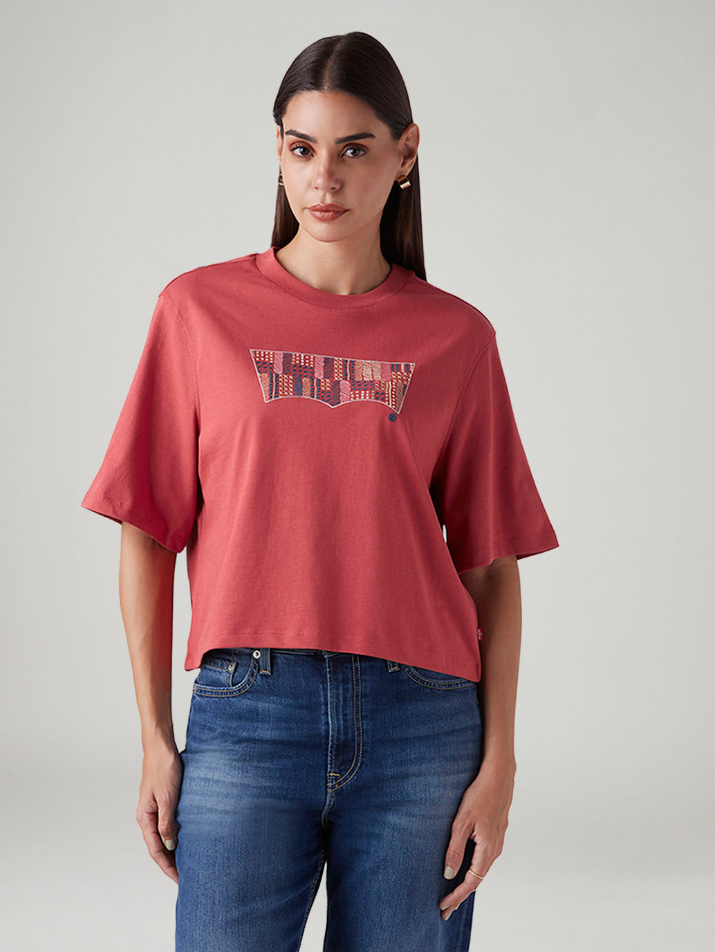 Women's Rust Relaxed Fit Embroidery T-Shirt - Front View