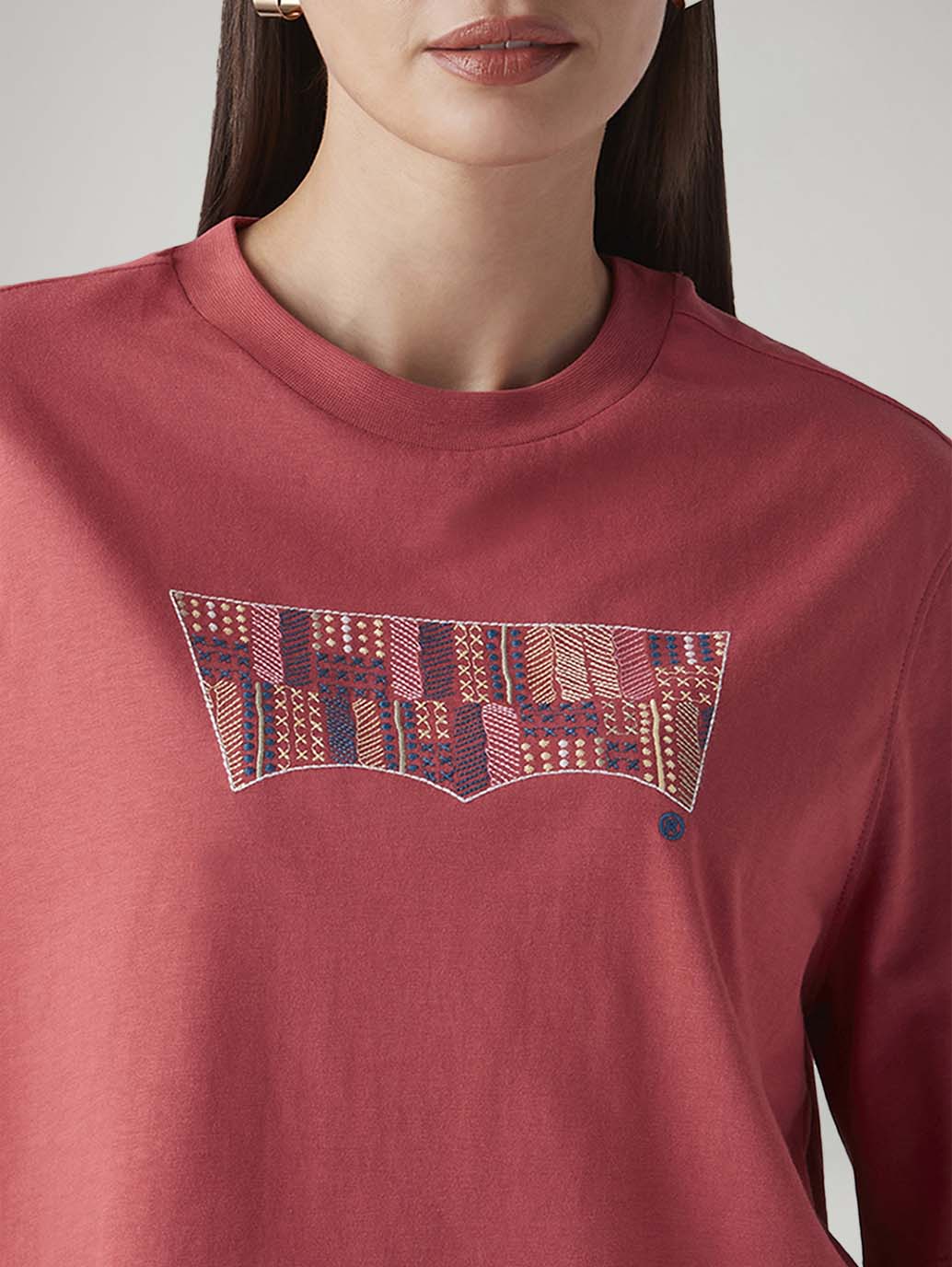 Women's Rust Relaxed Fit Embroidery T-Shirt - Detail View