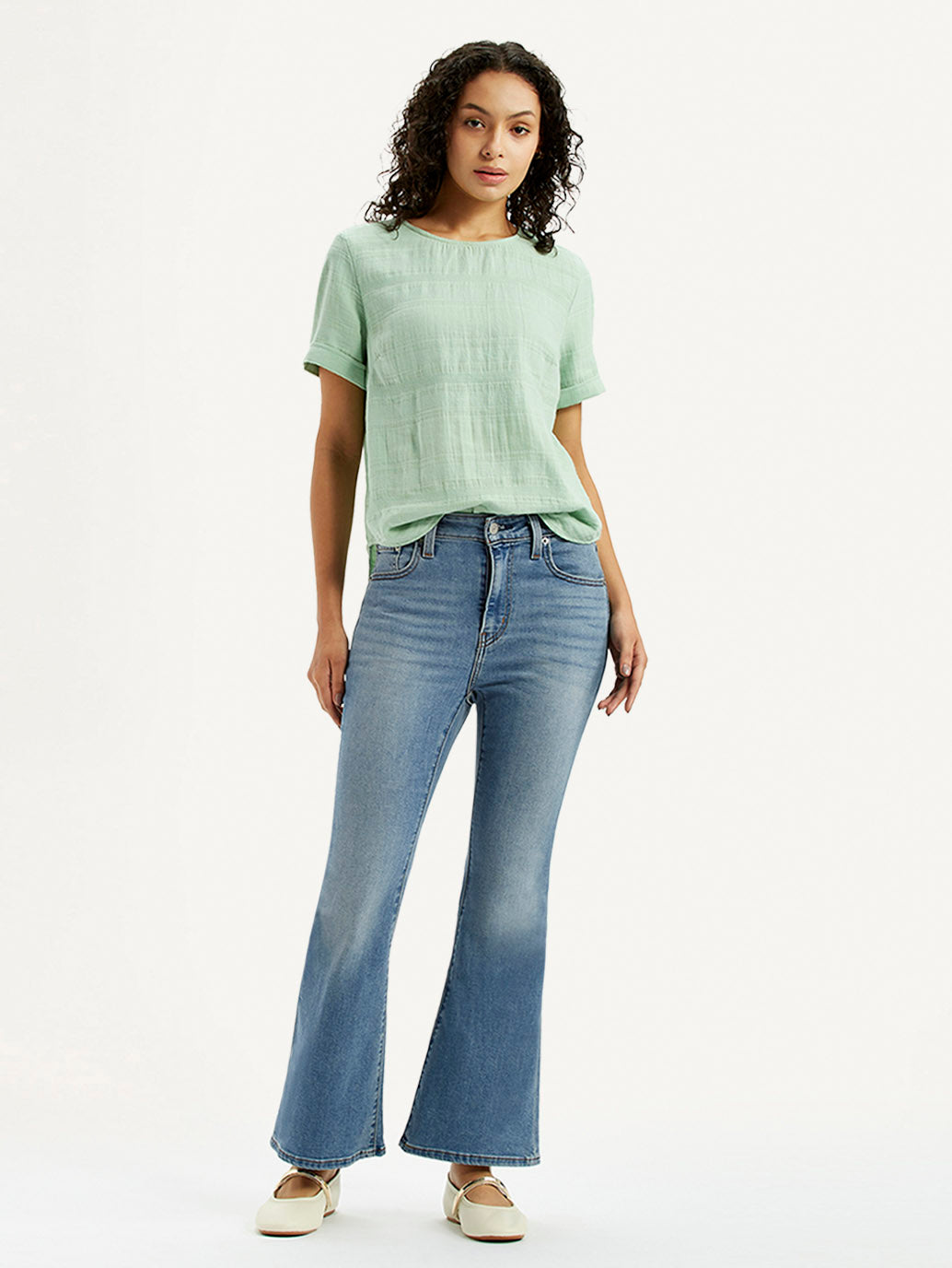 Women's 726 Blue Slim Flare Fit High Rise Jeans - Styleshot View