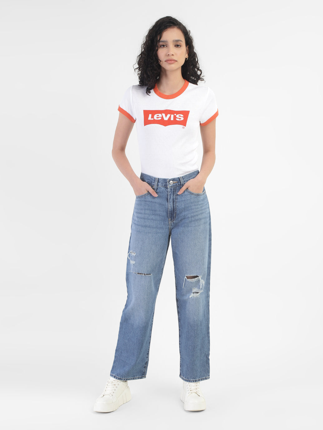 Women's Blue Baggy Fit Mid Rise Jeans