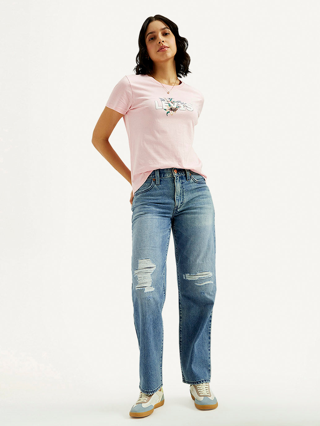 Women's 94 Med Indigo Baggy Fit Mid Rise Jeans - Elevated View