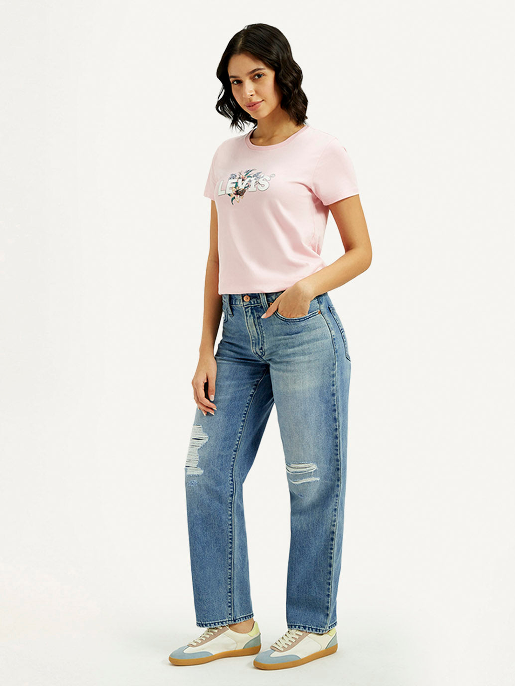 Women's 94 Med Indigo Baggy Fit Mid Rise Jeans - Side View