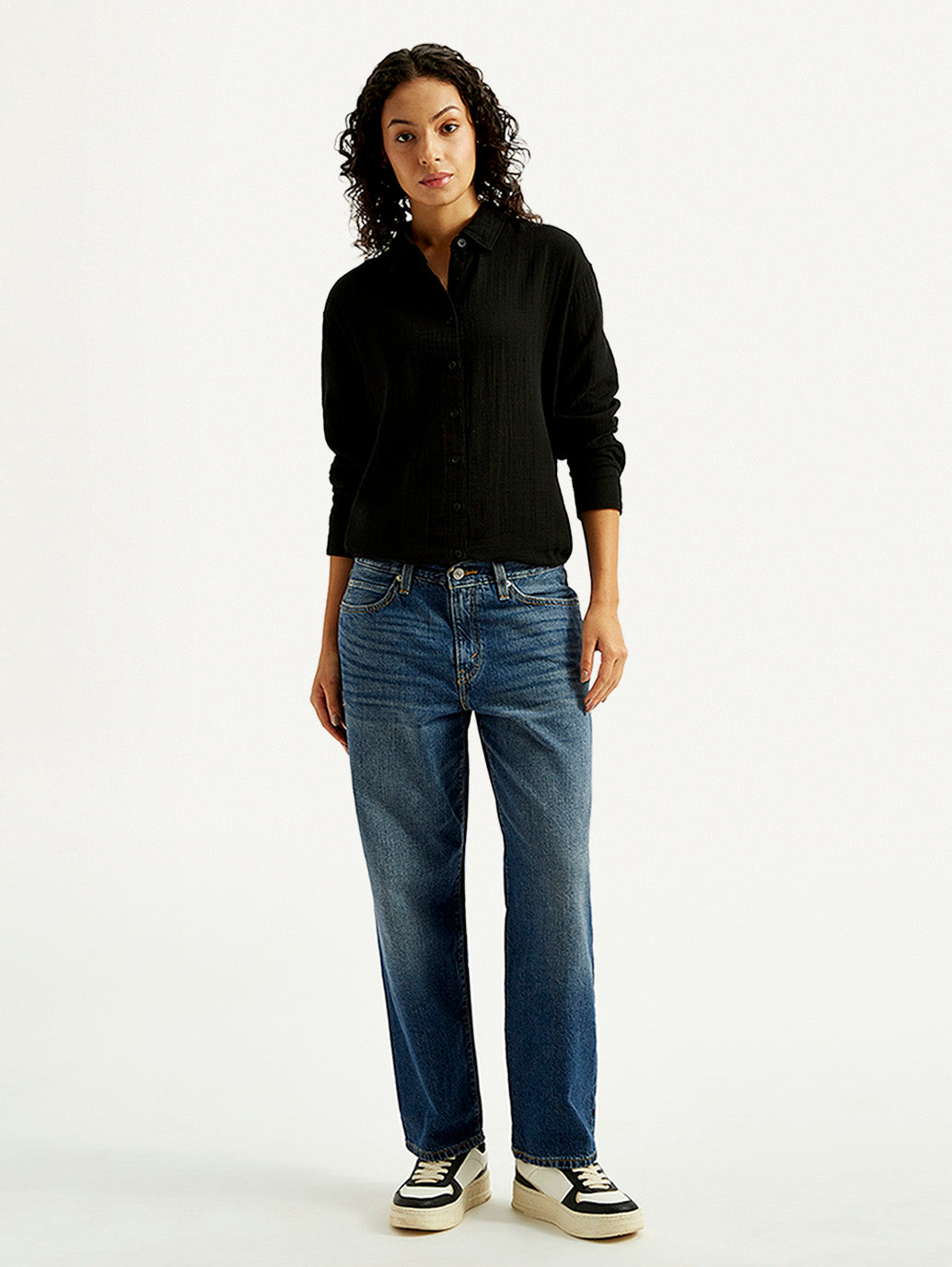 Women's 94 Blue Baggy Fit Mid Rise Jeans - Front View