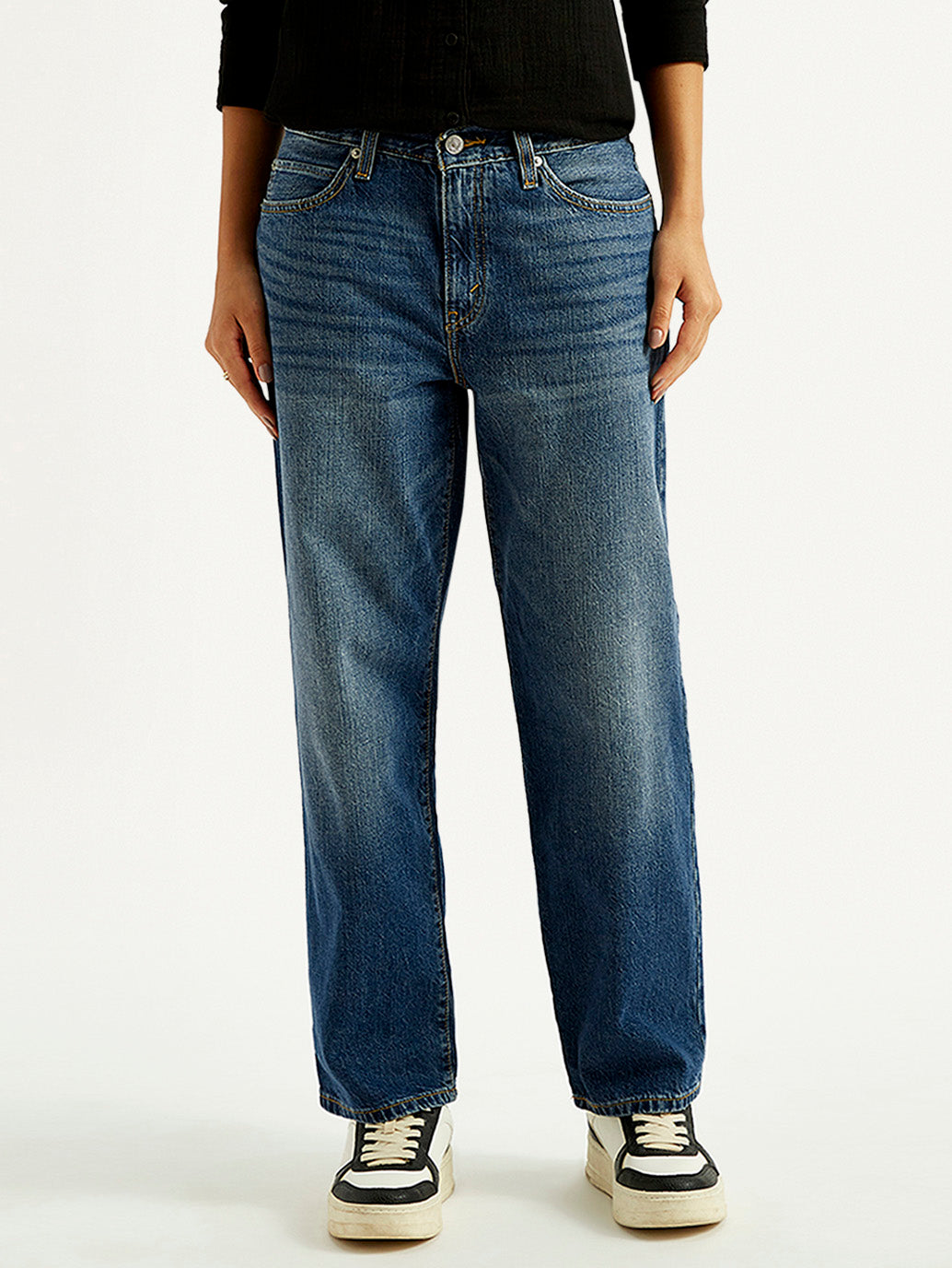 Women's 94 Blue Baggy Fit Mid Rise Jeans - Front View