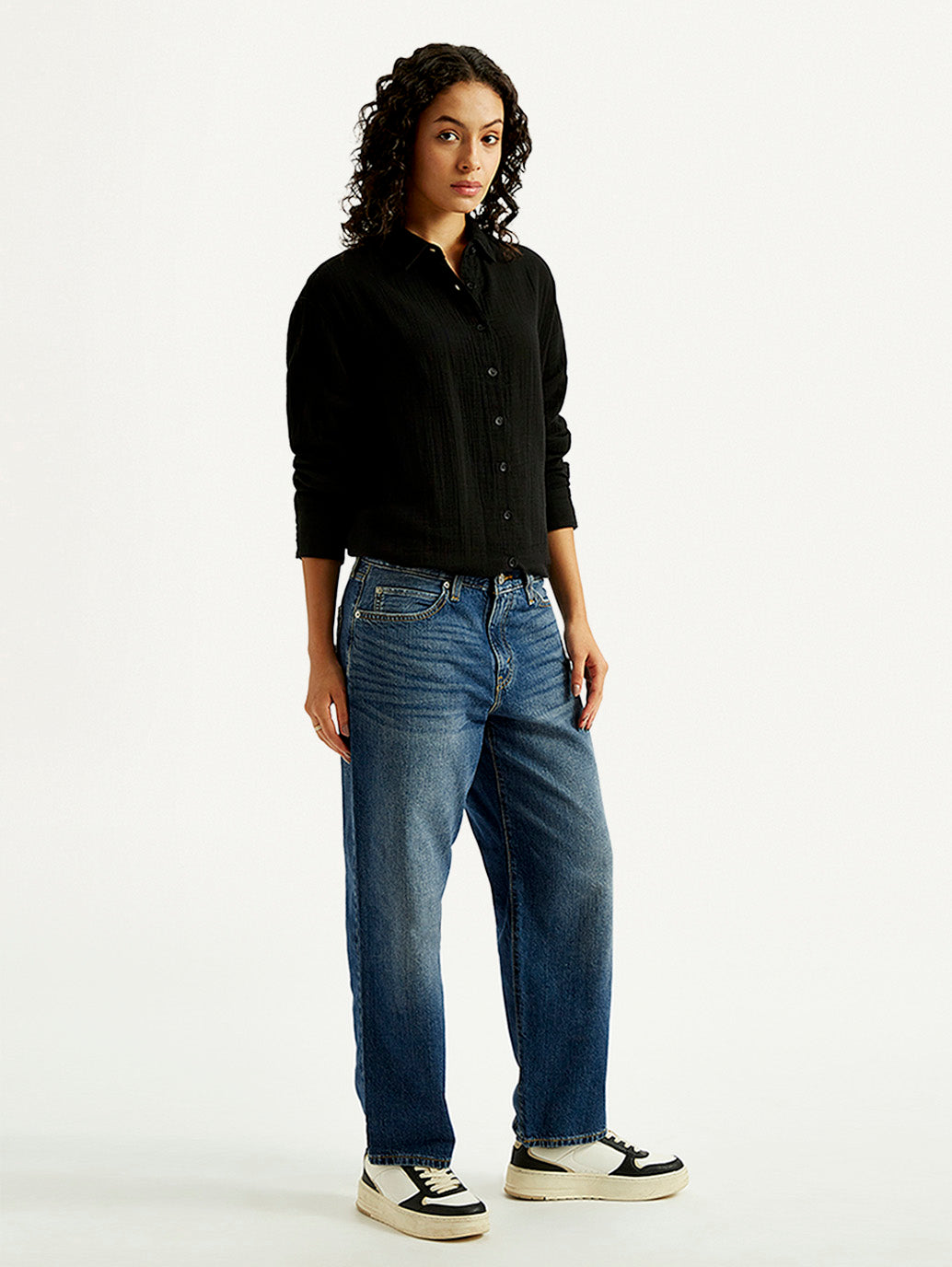 Women's 94 Blue Baggy Fit Mid Rise Jeans - Side View