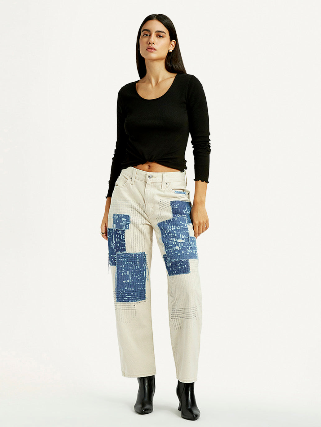 Women's Cream Baggy Fit Mid Rise Jeans