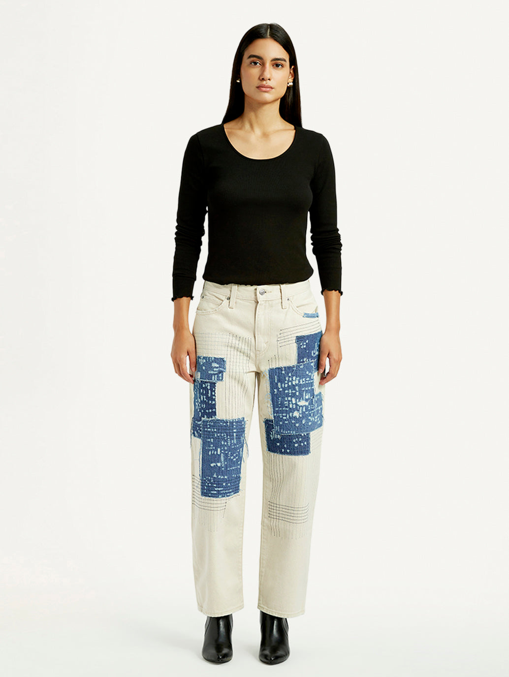 Women's Cream Baggy Fit Mid Rise Jeans - Front View