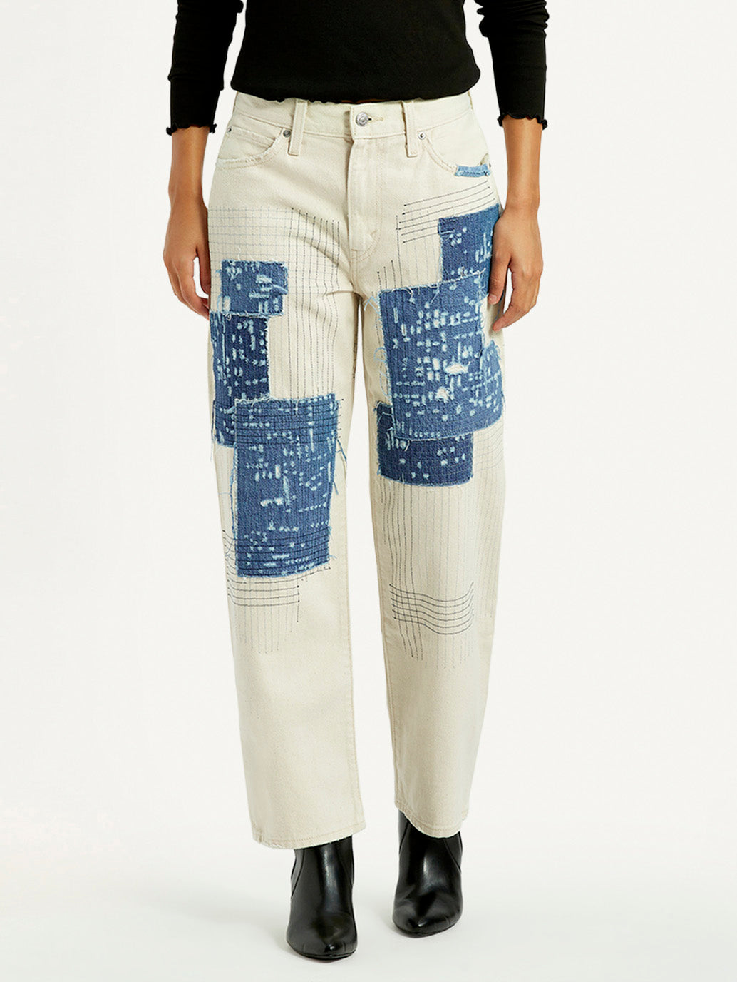 Women's Cream Baggy Fit Mid Rise Jeans - Front View
