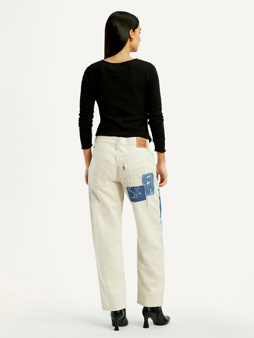Women's Cream Baggy Fit Mid Rise Jeans - Back View