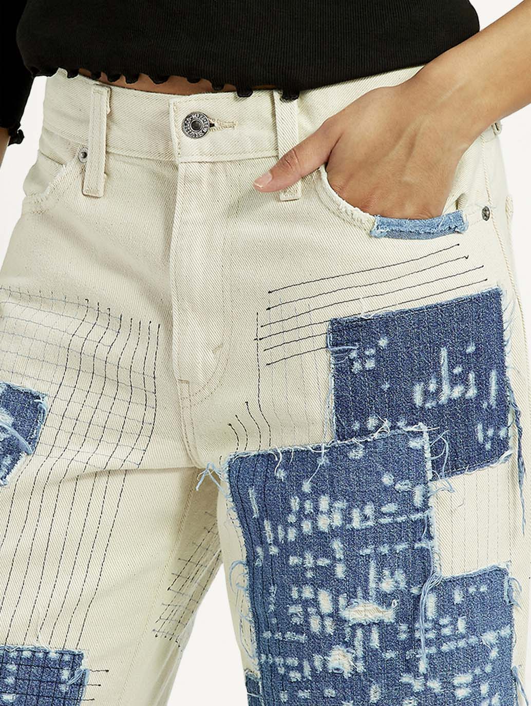 Women's Cream Baggy Fit Mid Rise Jeans - Detail View