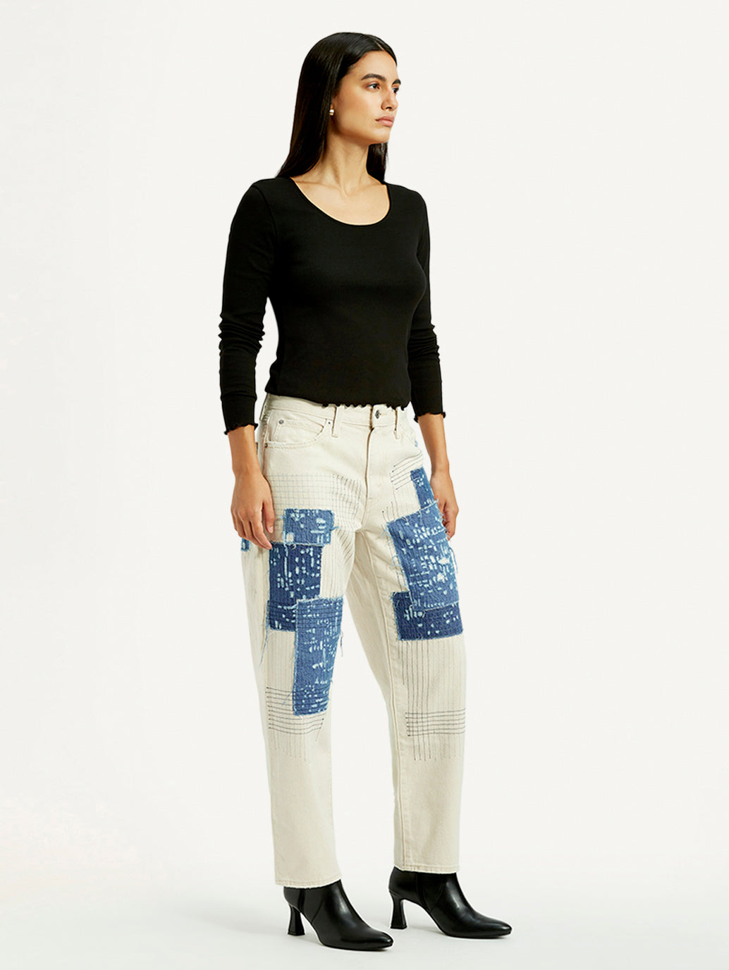 Women's Cream Baggy Fit Mid Rise Jeans - Side View