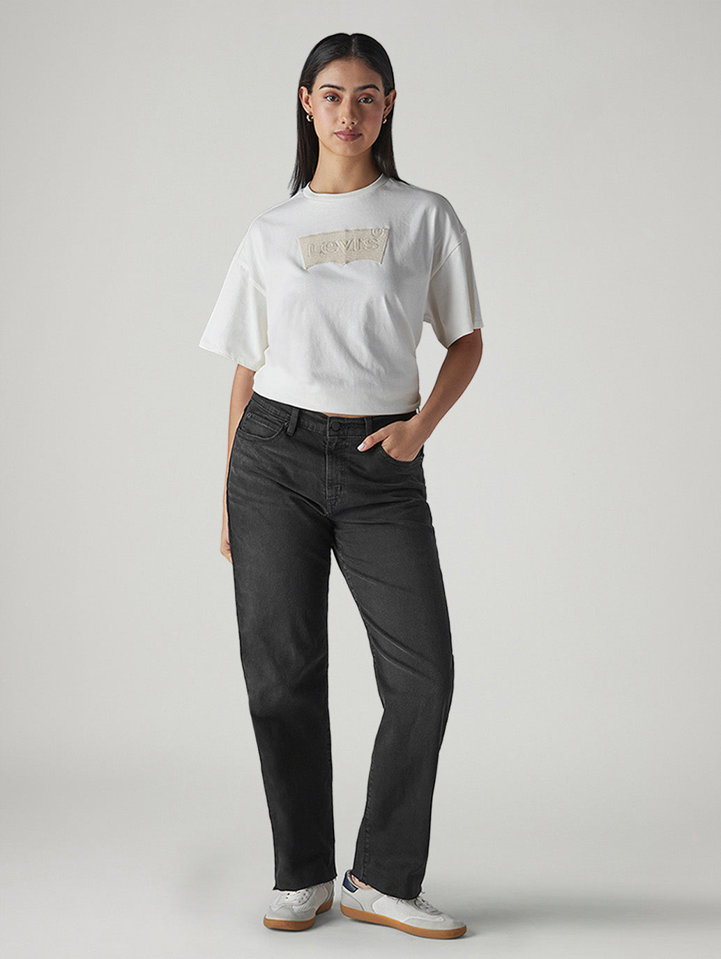 Women's 94 Black Baggy Fit Mid Rise Jeans - Front View
