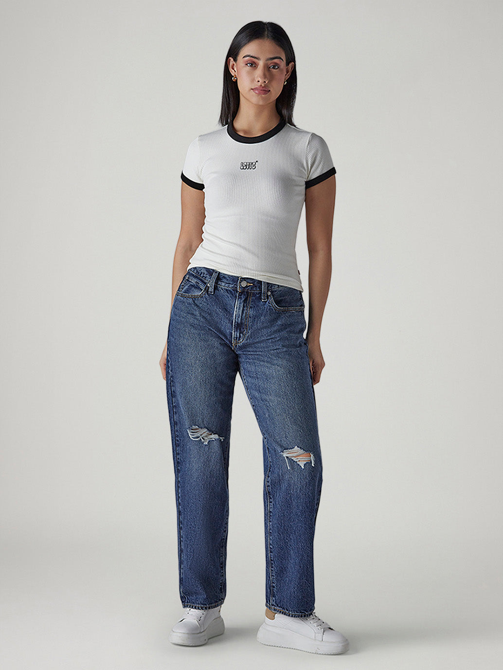 Women's 94 Blue Baggy Fit Mid Rise Jeans - Front View