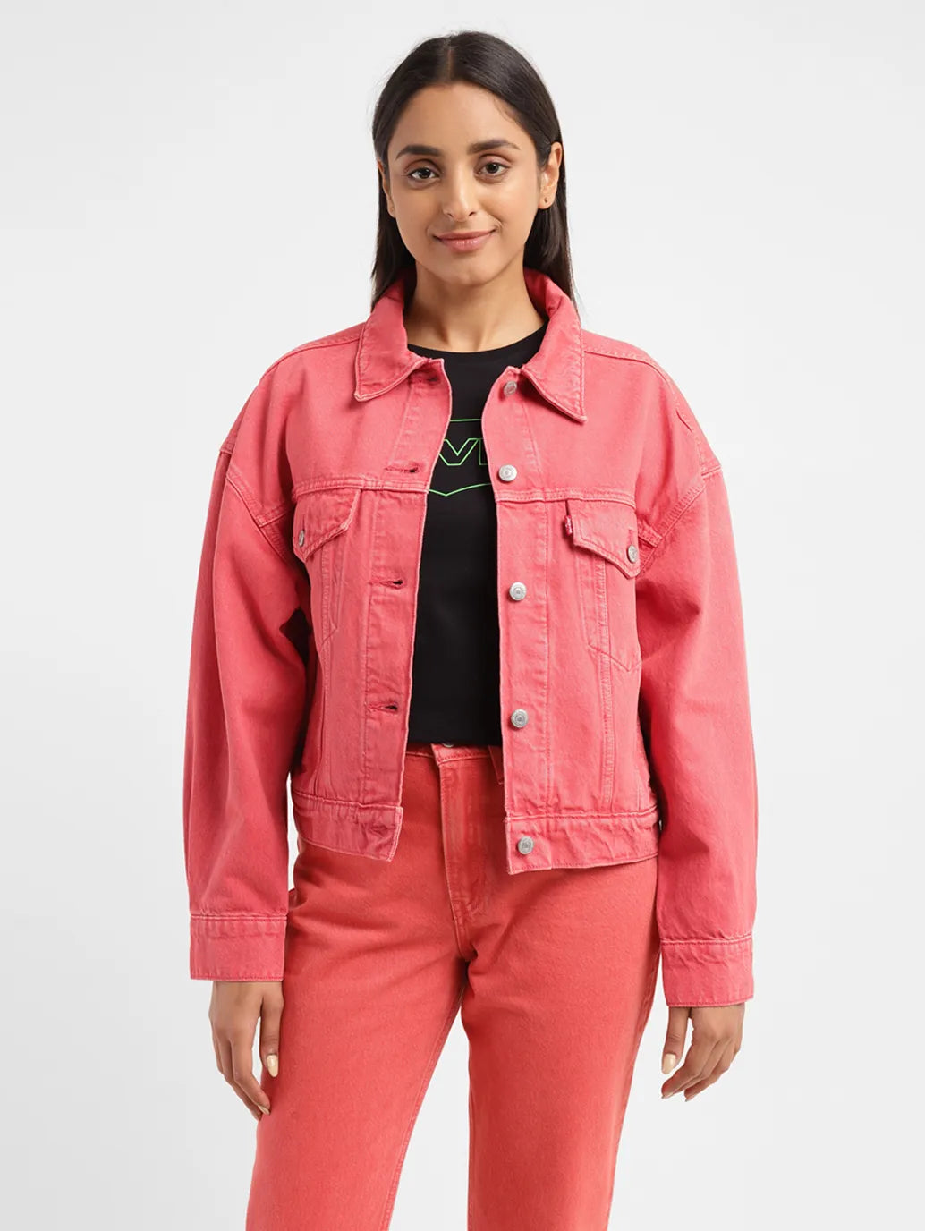 Women's Solid Coral Spread Collar Jacket