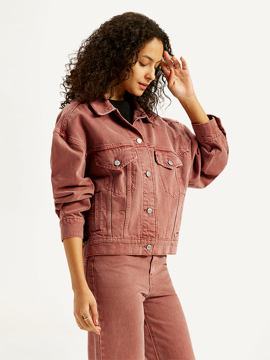 Women's Solid Rust Spread Collar Trucker Jacket