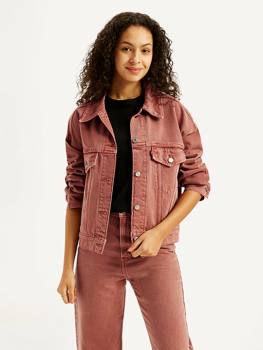 Women's Solid Rust Spread Collar Trucker Jacket