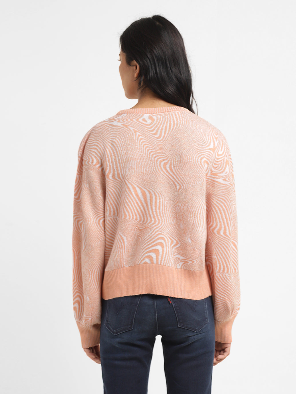 Women's Abstract Print Peach Crew Neck Sweater