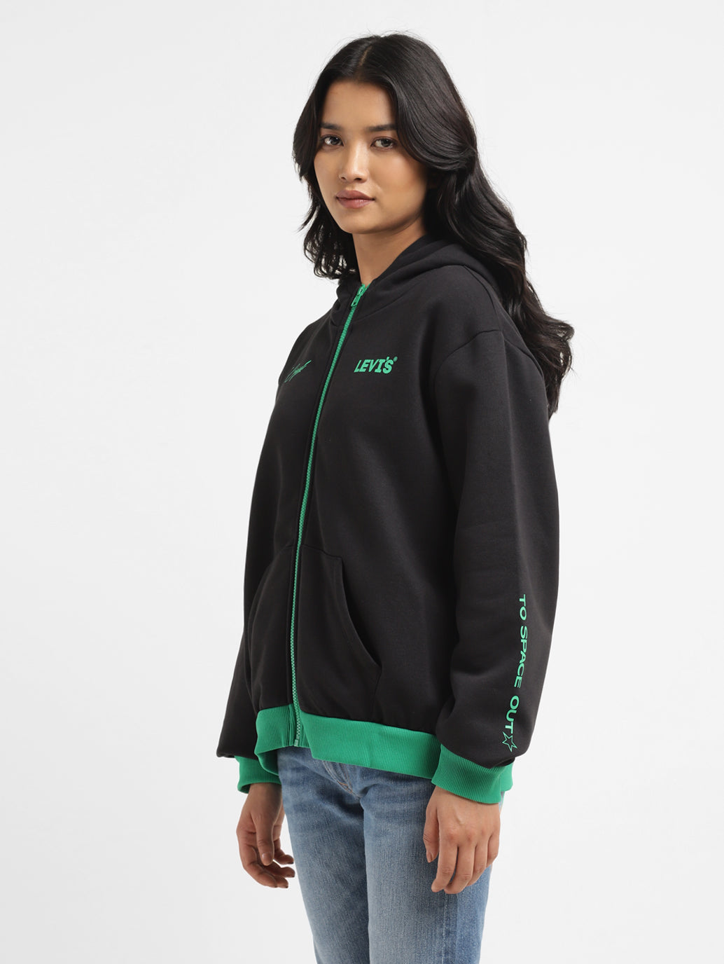 Women's Brand Logo Black Hooded Sweatshirt