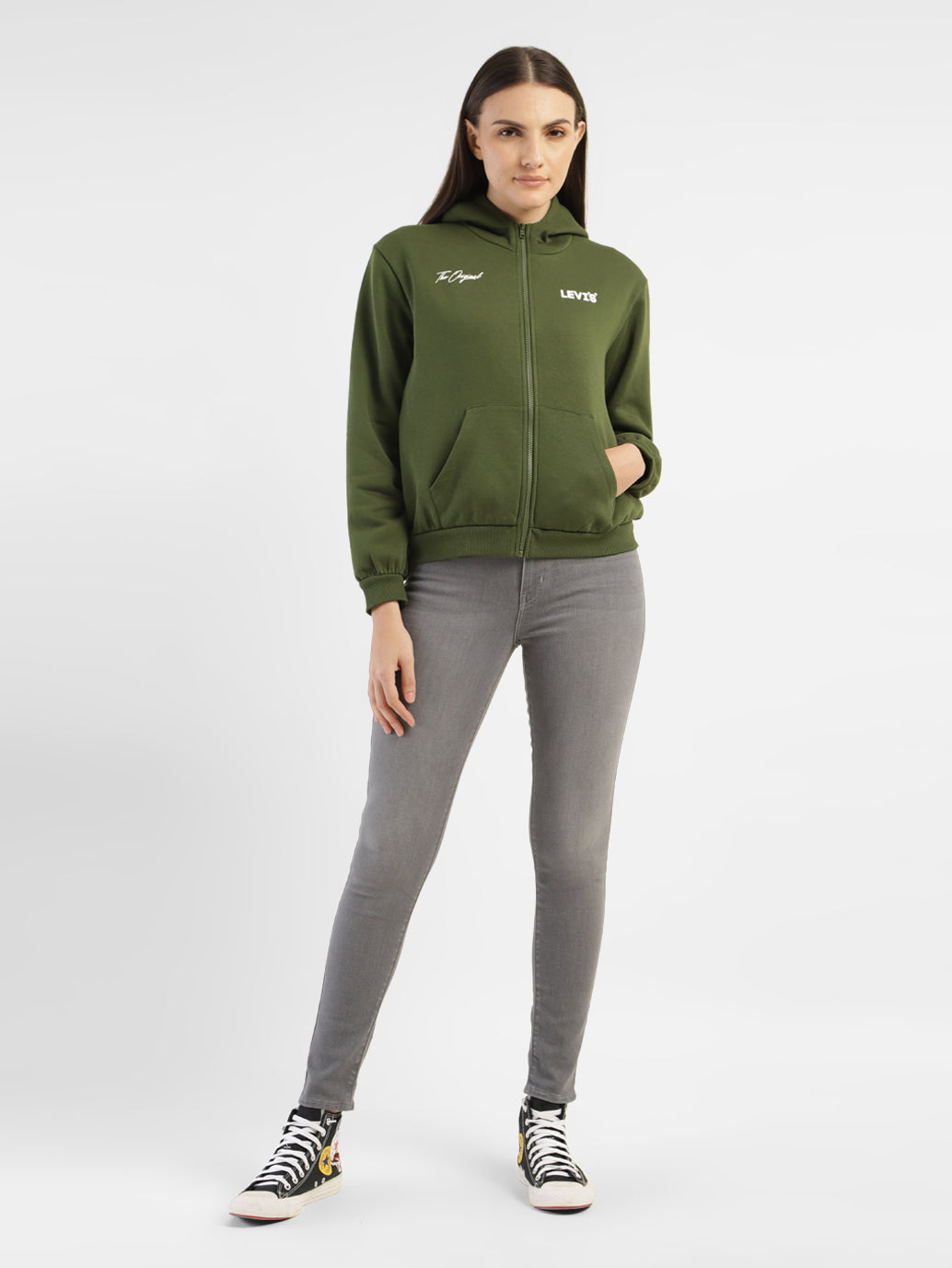 Women's Alphanumeric Print Green Hooded Sweatshirt