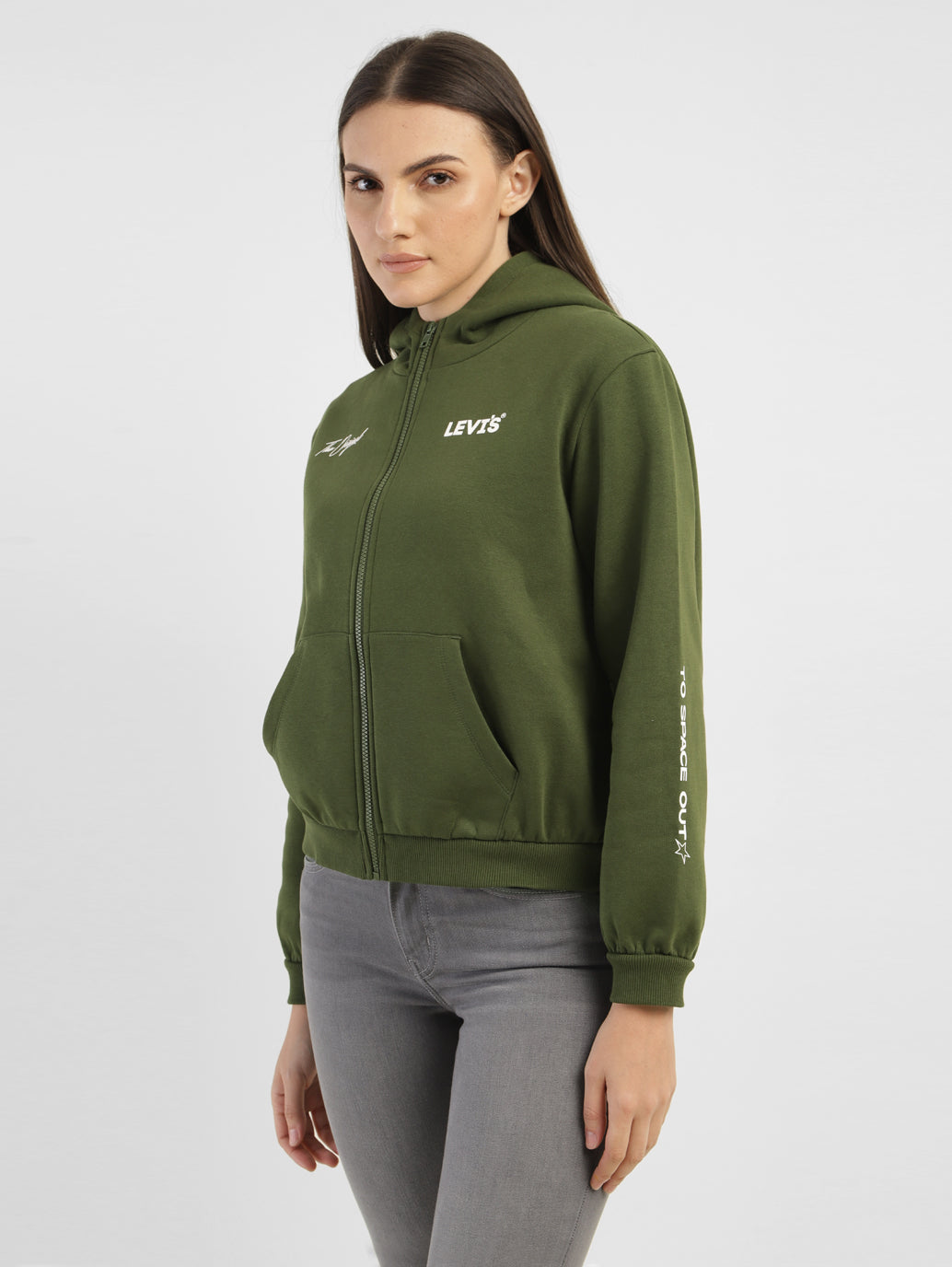 Women's Alphanumeric Print Green Hooded Sweatshirt