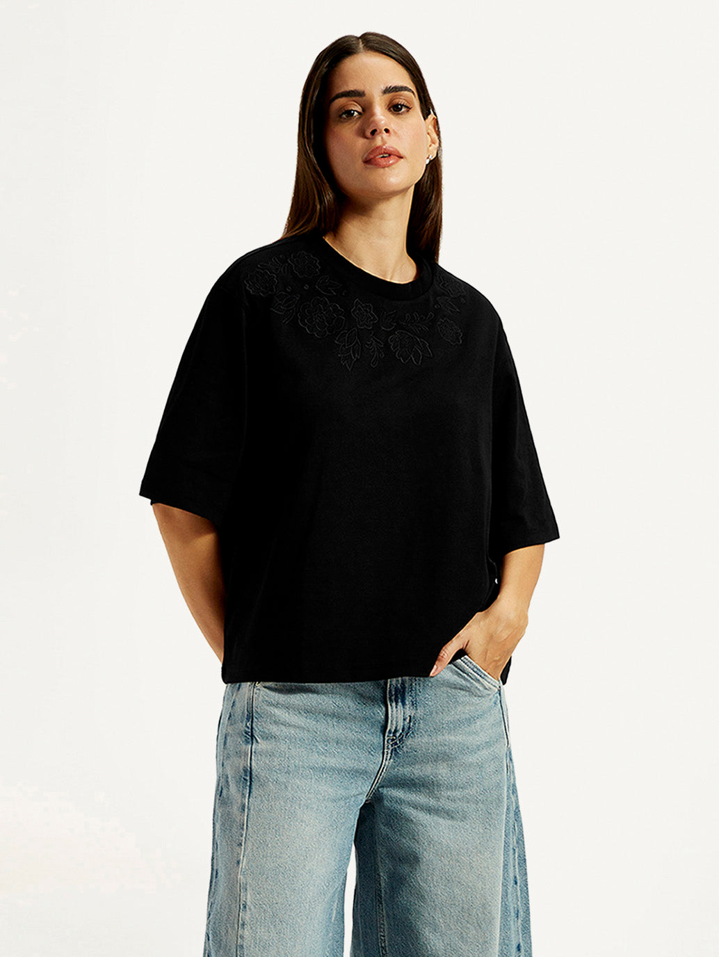 Women's Embroidered Black Relaxed Fit T-shirt - Styleshot View