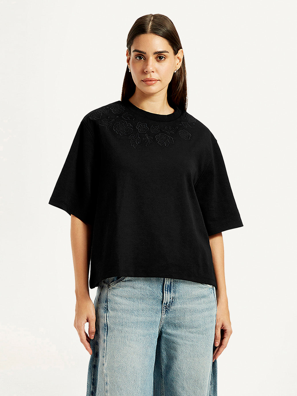 Women's Embroidered Black Relaxed Fit T-shirt - Front View