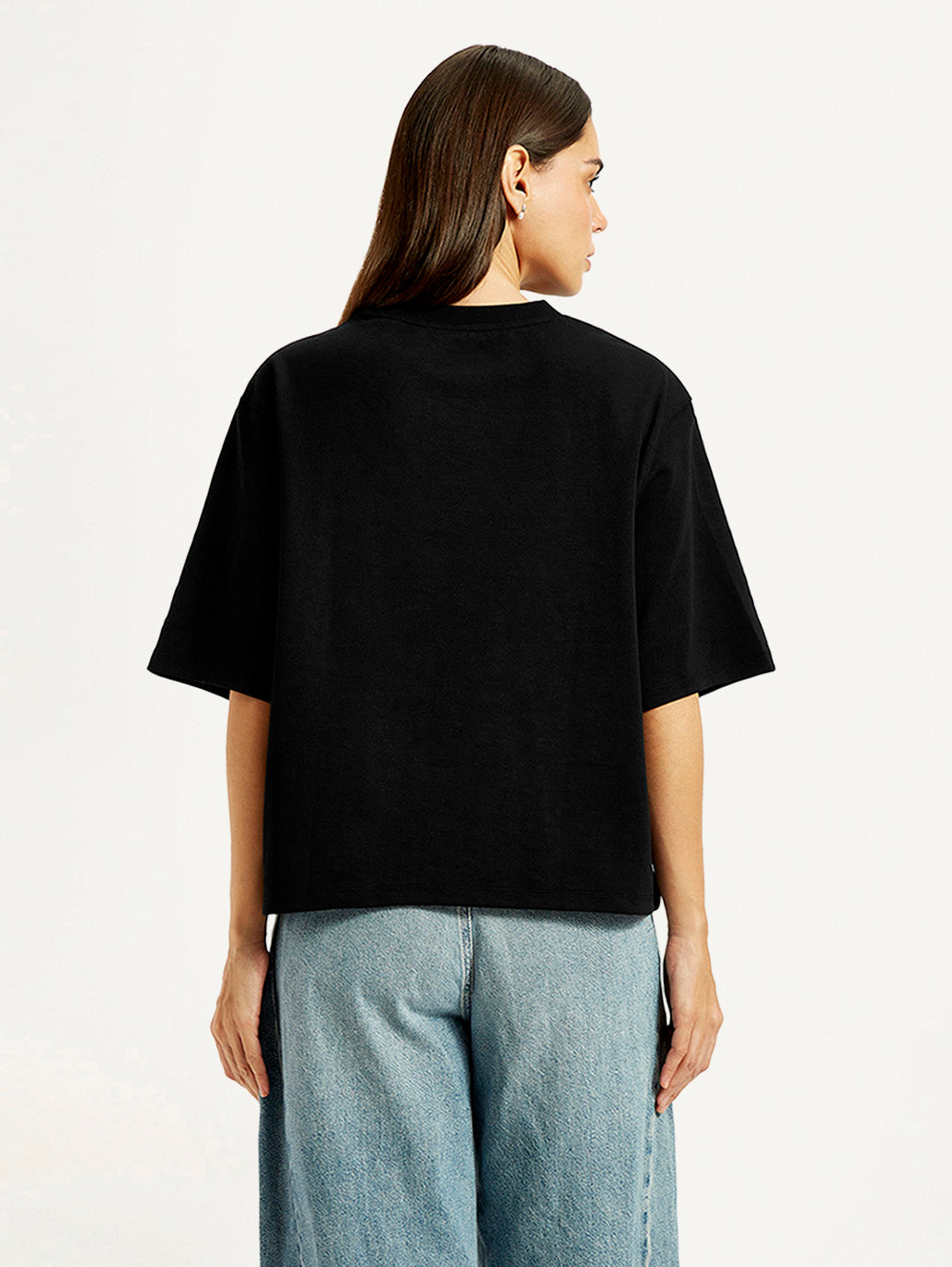 Women's Embroidered Black Relaxed Fit T-shirt - Back View