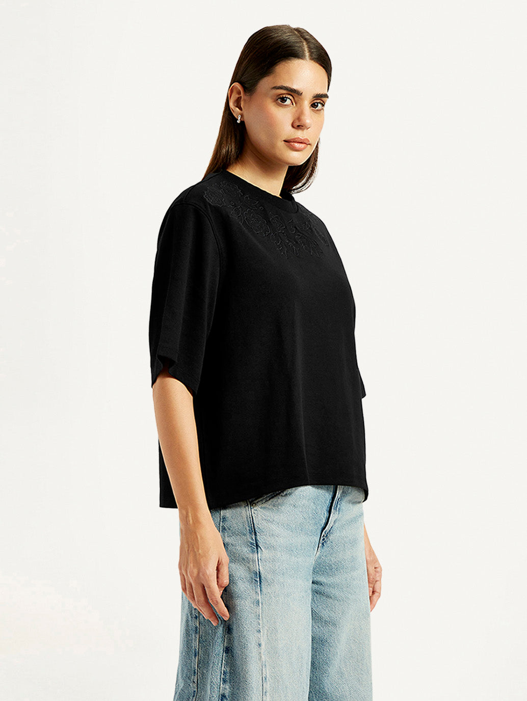 Women's Embroidered Black Relaxed Fit T-shirt - Side View