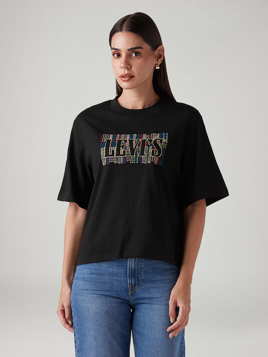 Women's Logo Printed Relaxed Fit Embroidery T-Shirt - Front View