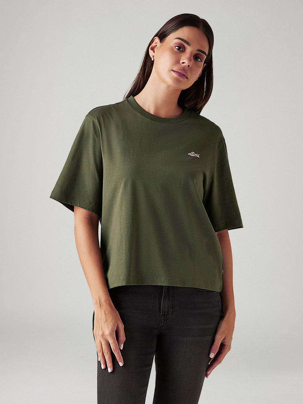 Women's Graphic Print Olive Relaxed Fit T-shirt - Front View