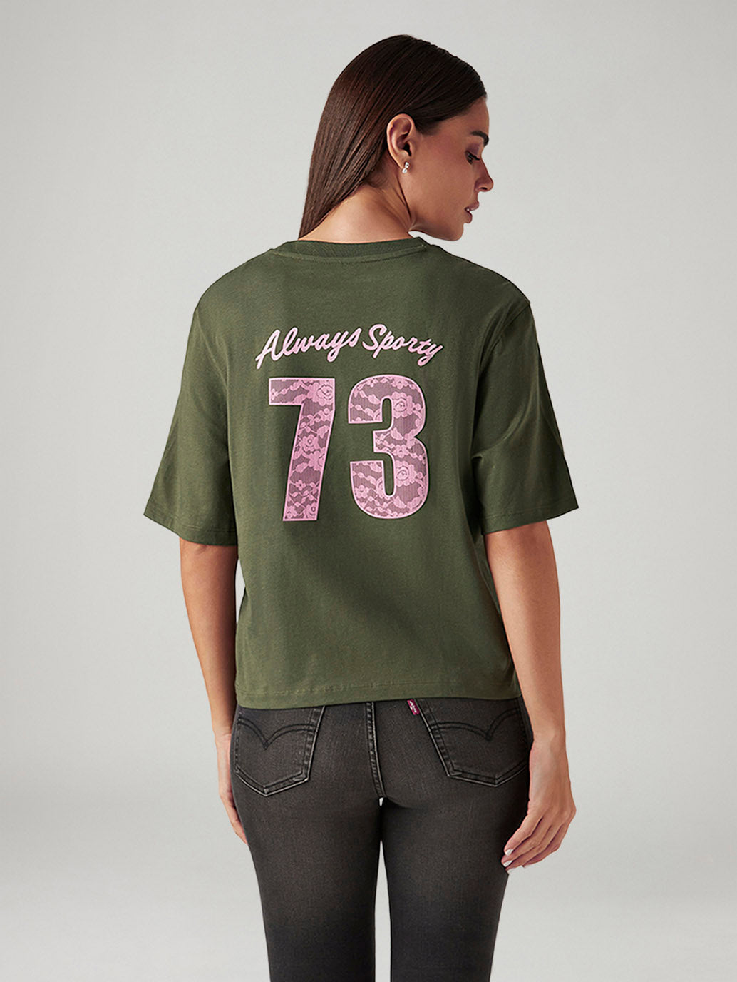Women's Graphic Print Olive Relaxed Fit T-shirt - Back View
