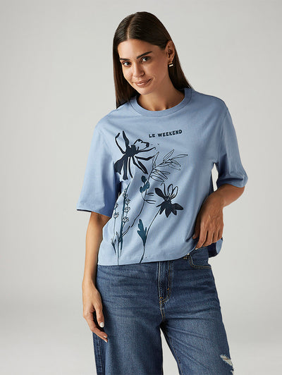 Women's Floral Light Blue Relaxed Fit T-shirt