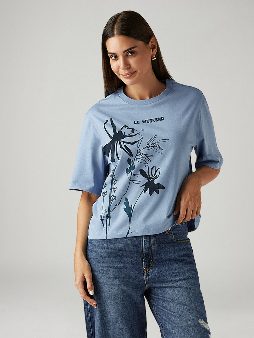 Women's Floral Light Blue Relaxed Fit T-shirt
