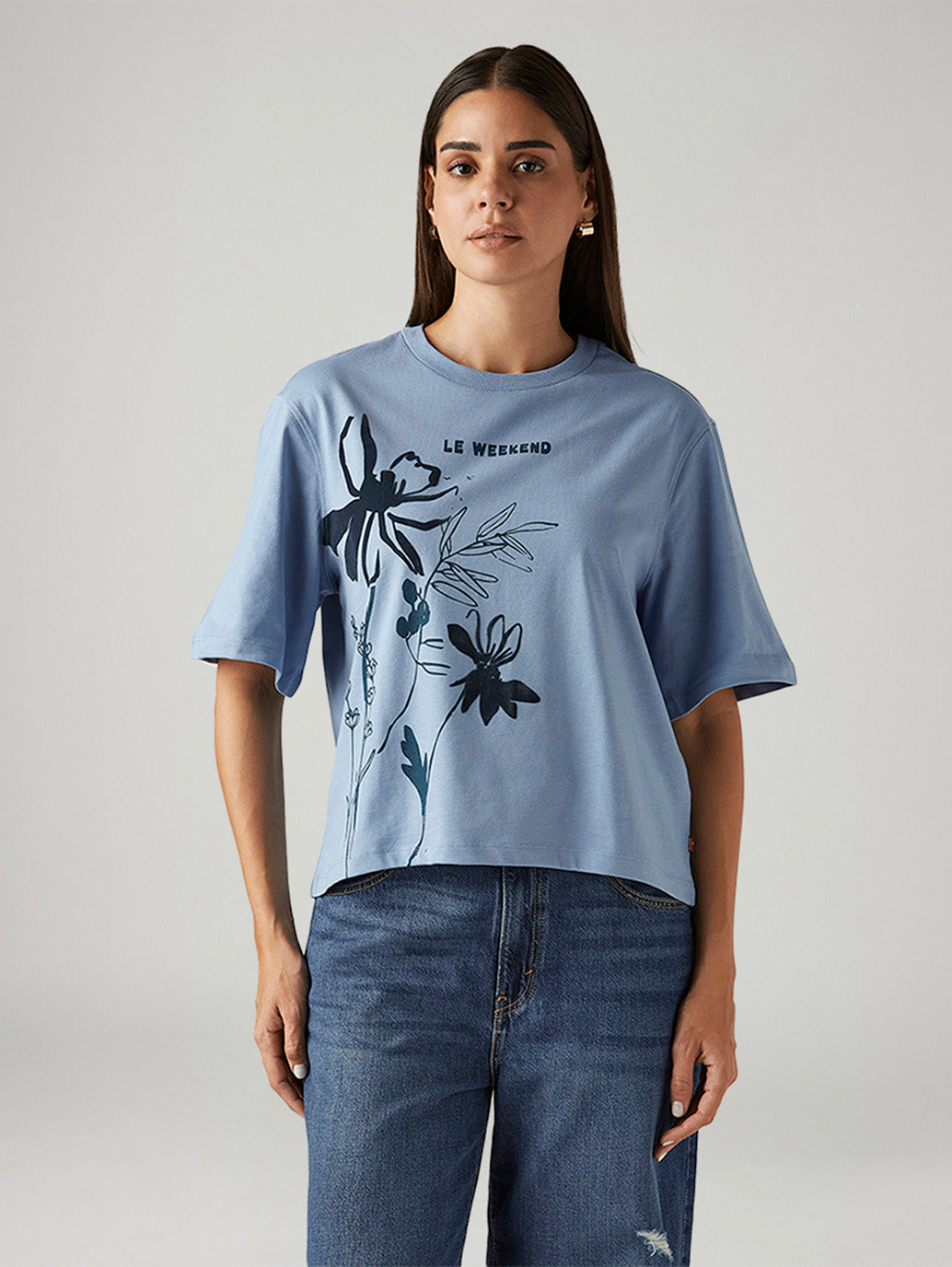 Women's Floral Light Blue Relaxed Fit T-shirt - Front View