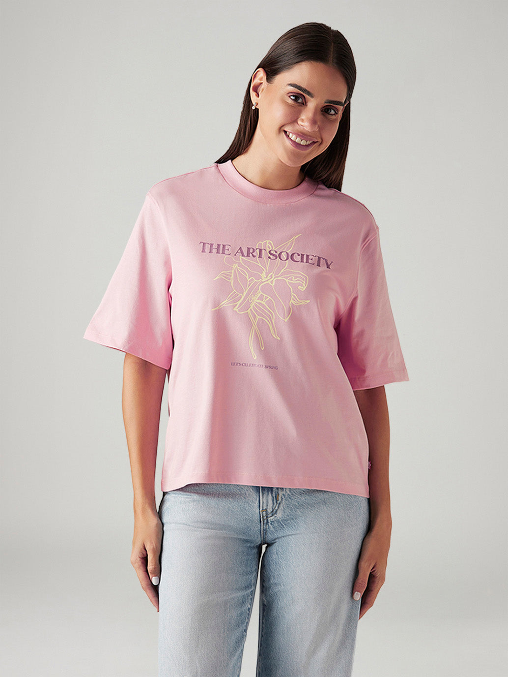 Women's Graphic Print Pink Relaxed Fit T-shirt - Front View