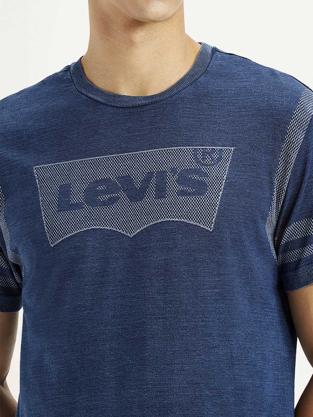 Men's Brand Logo Dark Blue Slim Fit Seamless T-shirt - Detail View