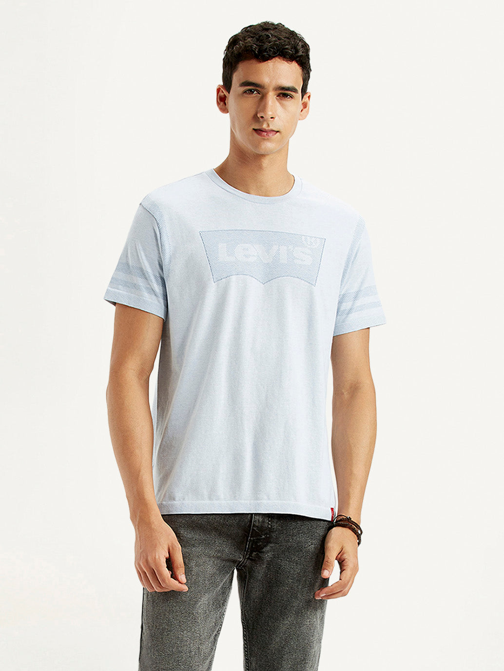Men's Brand Logo Light Blue Slim Fit Seamless T-shirt - Styleshot View