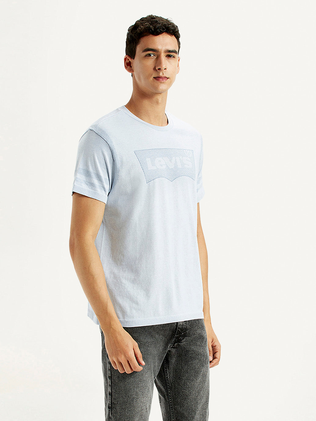 Men's Brand Logo Light Blue Slim Fit Seamless T-shirt - Side View