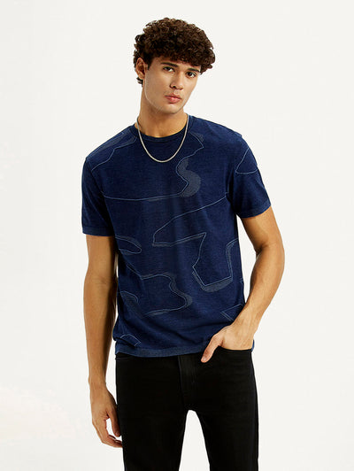 Men's Abstract Navy Blue Slim Fit Seamless T-shirt-image-8