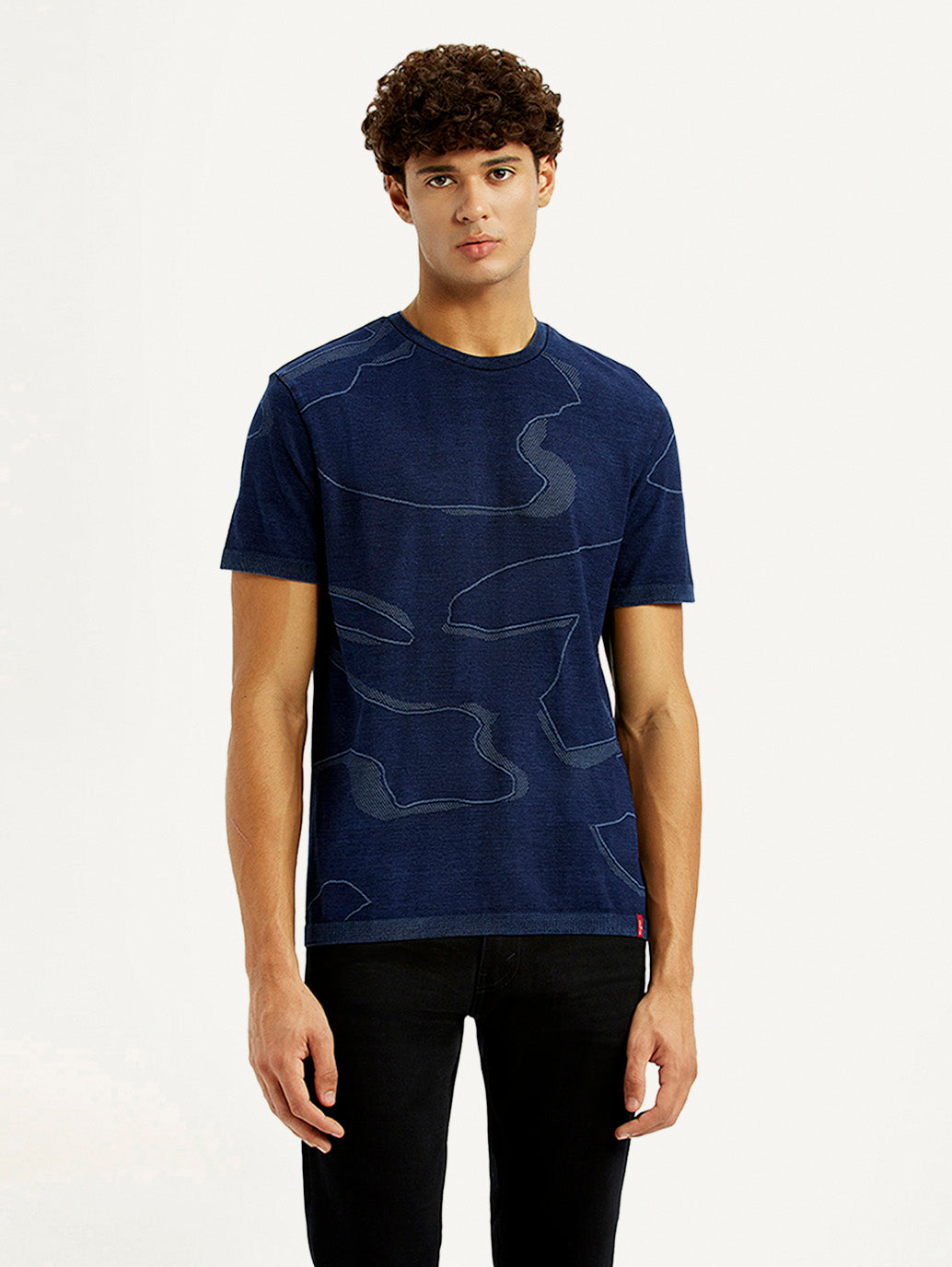 Men's Abstract Navy Blue Slim Fit Seamless T-shirt - Front View
