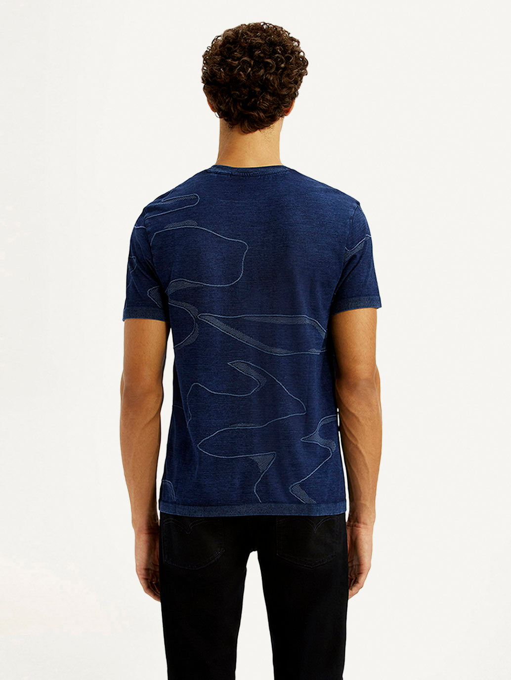 Men's Abstract Navy Blue Slim Fit Seamless T-shirt - Back View