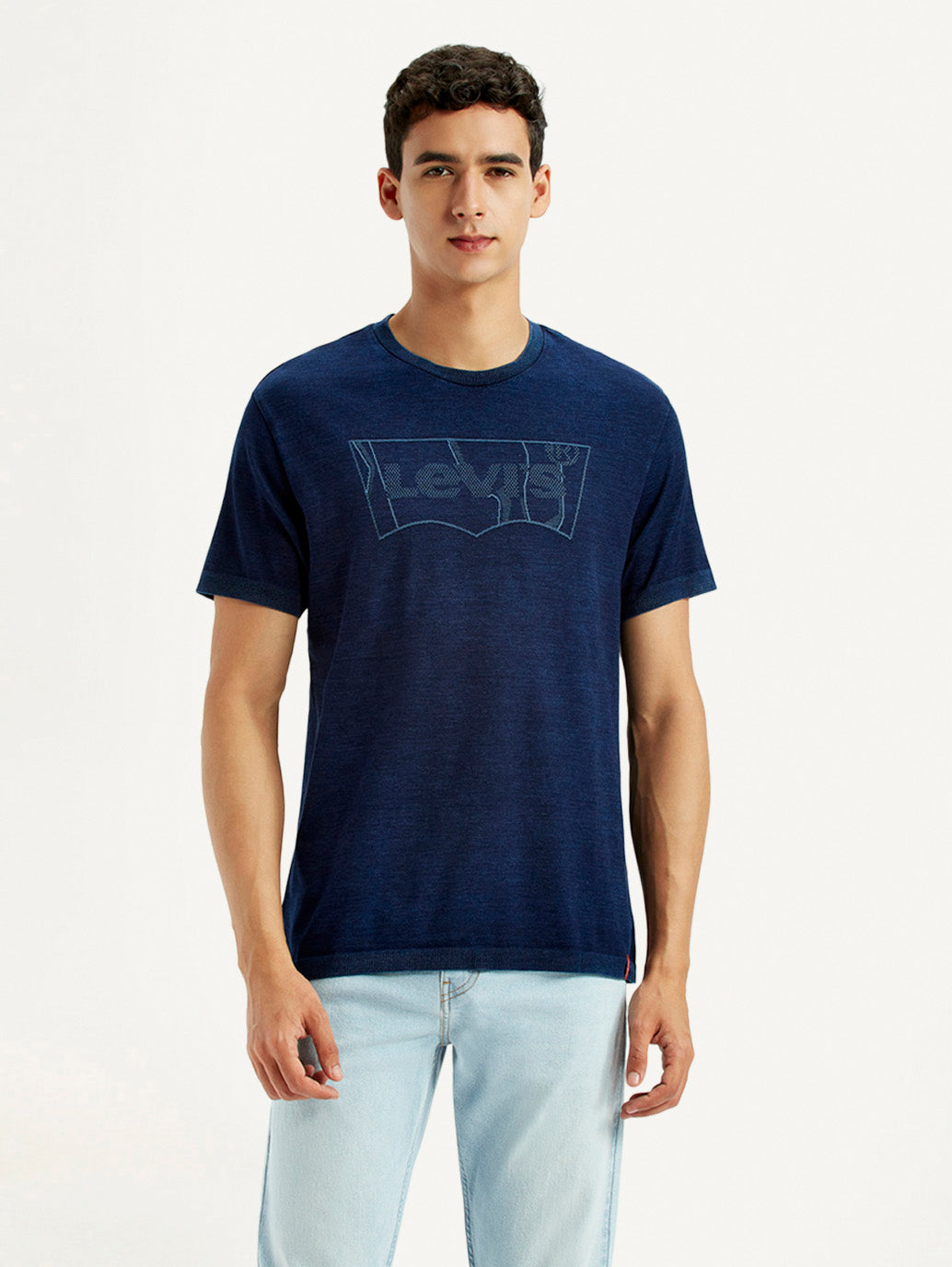 Men's Brand Logo Dark Blue Slim Fit Seamless T-shirt - Front View