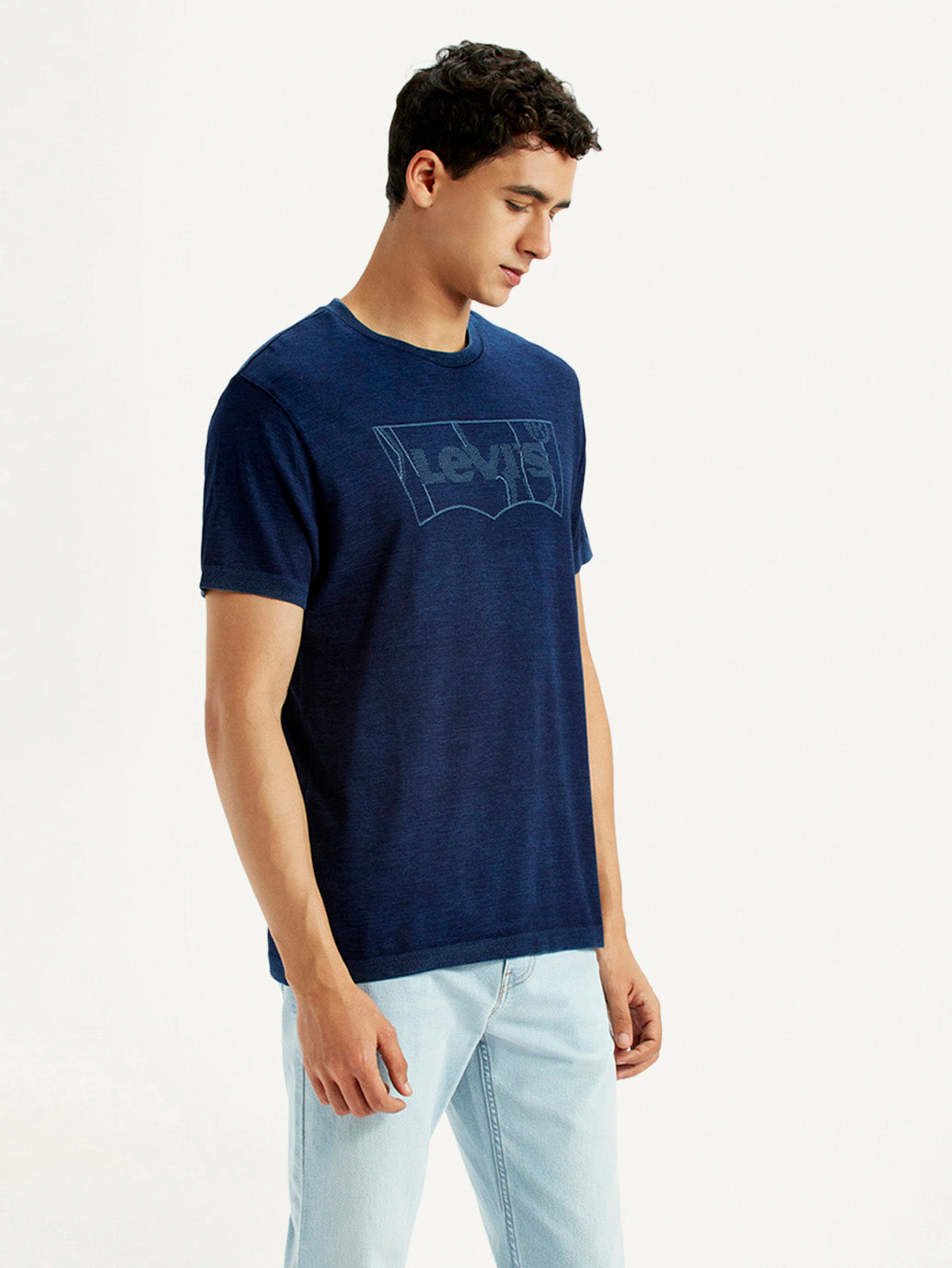 Men's Brand Logo Dark Blue Slim Fit Seamless T-shirt - Side View