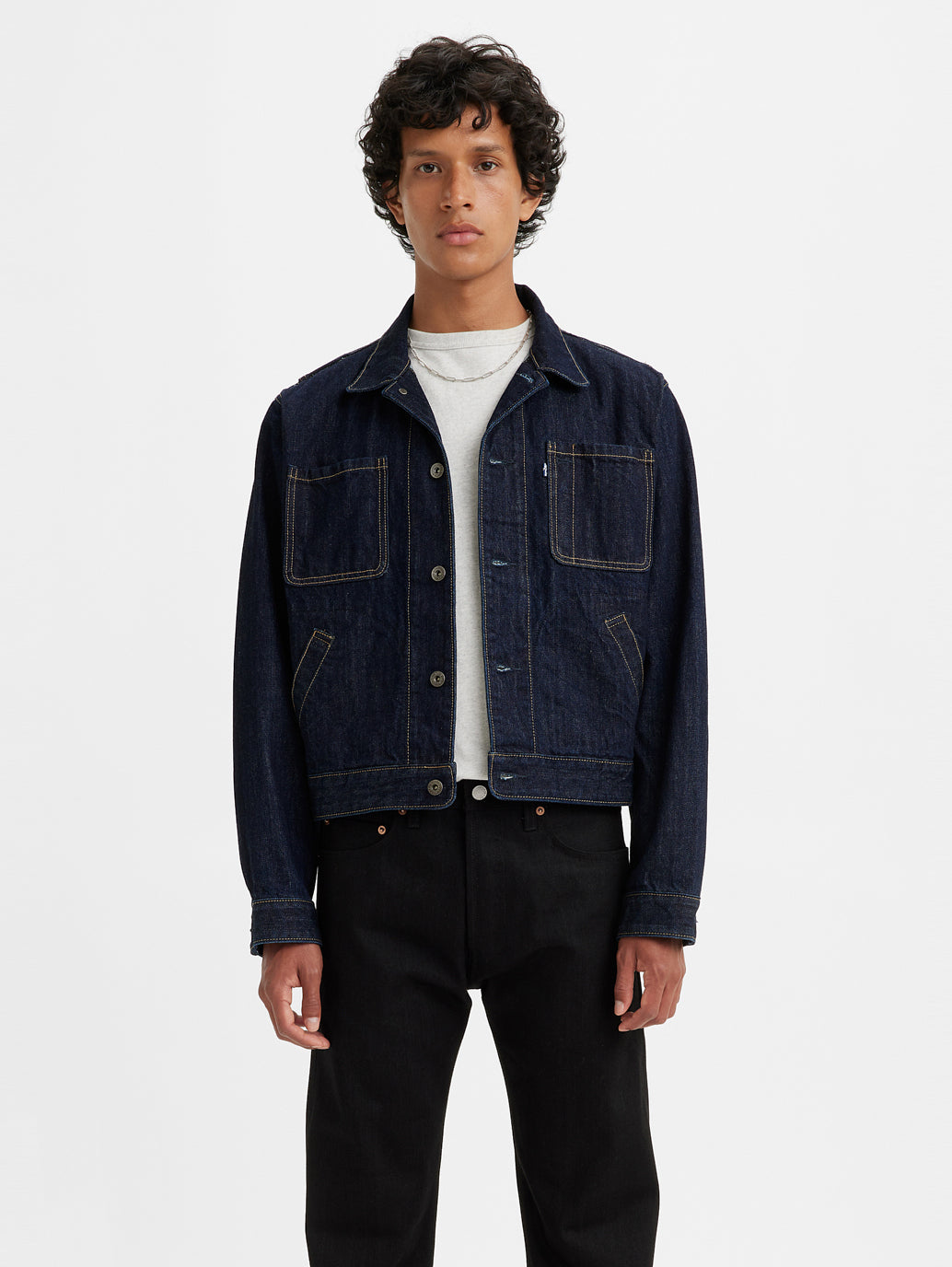 Men's Solid Blue Denim Jacket - Front View