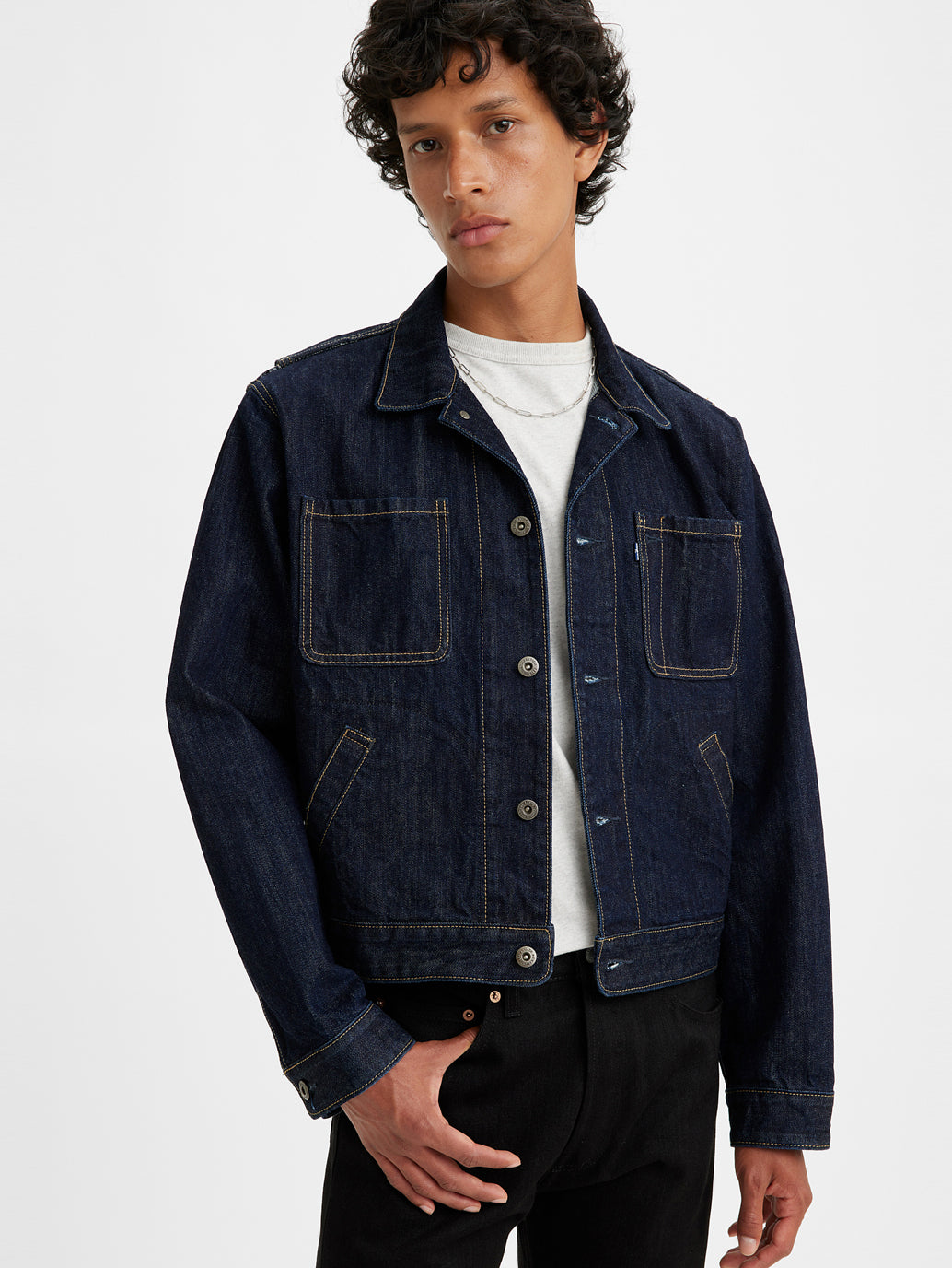 Men's Solid Blue Denim Jacket - Front1 View