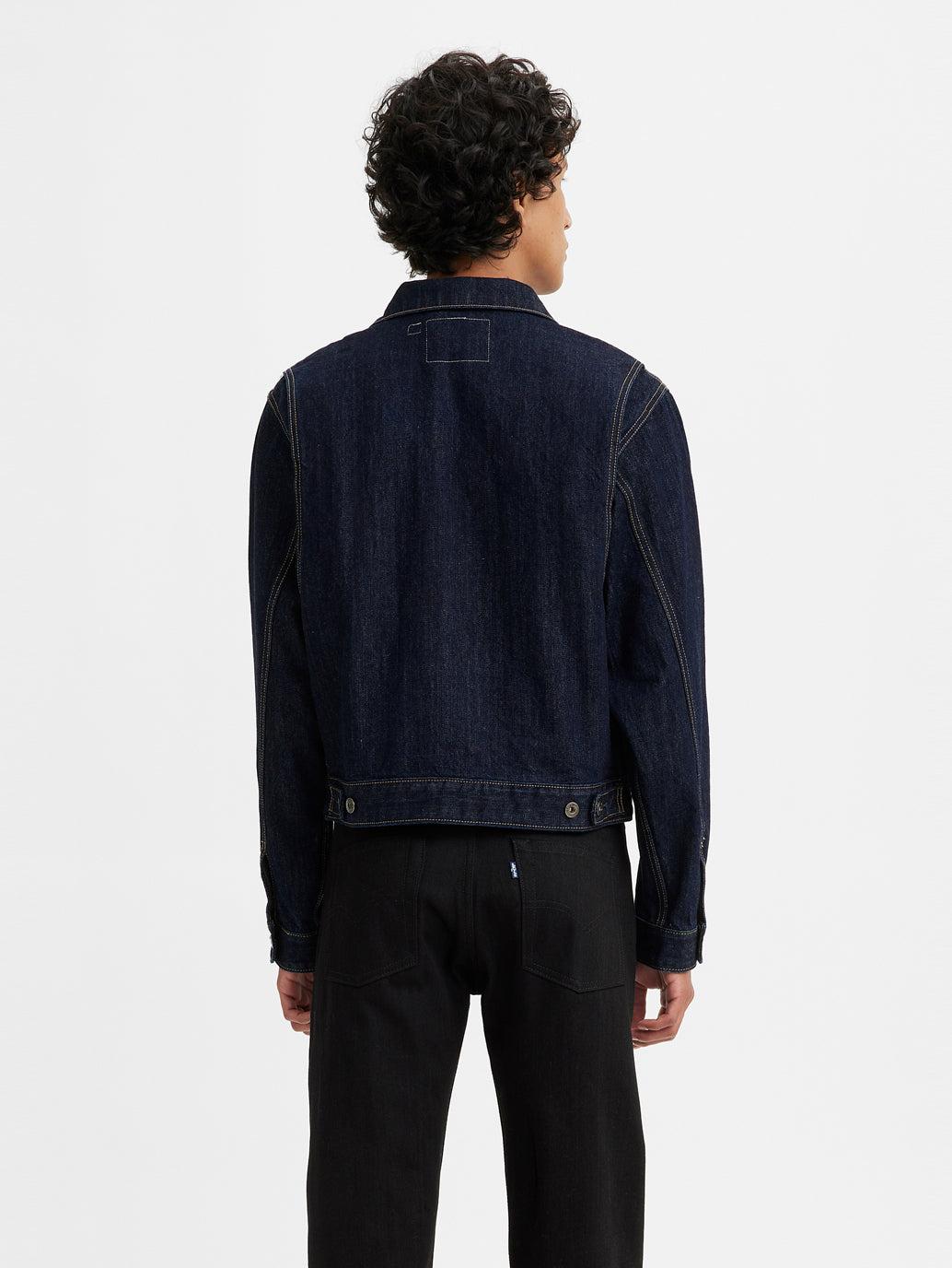 Men's Solid Blue Denim Jacket - Back View