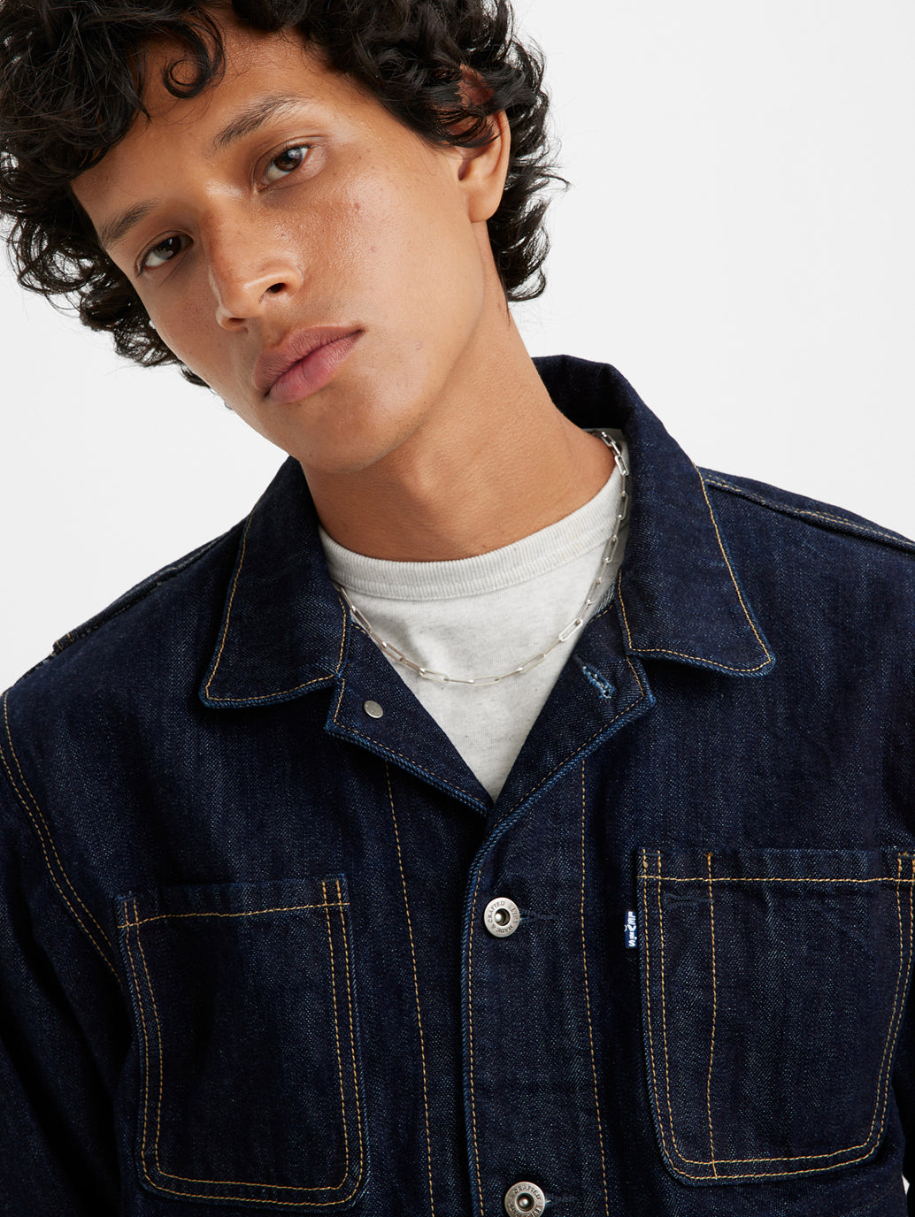 Men's Solid Blue Denim Jacket - Details View