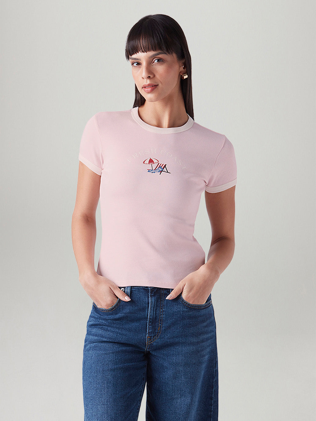 Women's Printed Slim Fit Ribbed T-Shirt - Styleshot View
